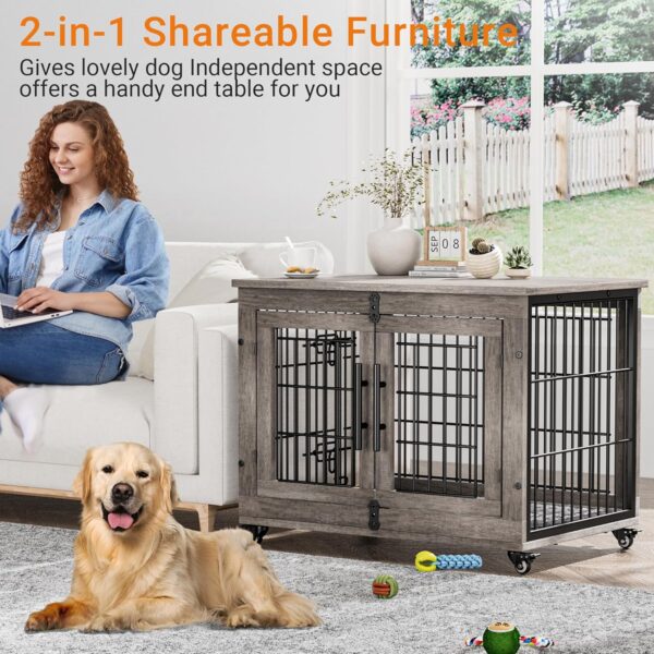 Lulive Dog Crate Furniture, Dog Kennel Indoor Double Doors Wooden Dog Cage, 33'' Heavy Duty Dog Crate with Cushion & Wheels, Decorative End Table Pet House Chew-Resistant for Medium/Small Dog, Grey - Image 2