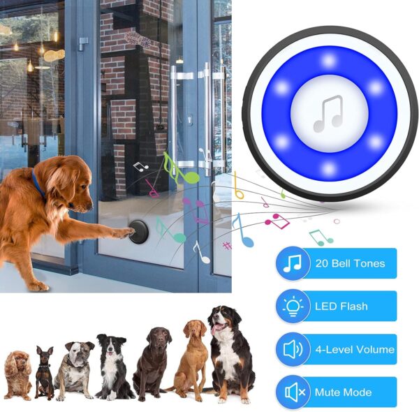 Wireless Dog Doorbell, Dog Bells for Potty Training IP65 Waterproof Touch Button Doggie Doorbell 1000ft Long Range with 20 Melodies 4 Modes LED Flash (1 Receiver+2 Buttons) - Image 6