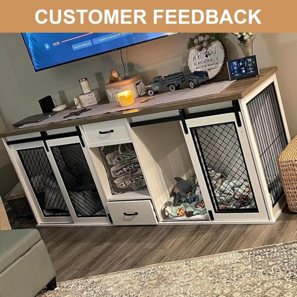 Extra Large Dog Crate Furniture, 85" Sliding Door Double Kennel for 2 Large Dogs Divided, Heavy Duty Wooden Dog Crate Kennel Furniture with 4 Dog Bowls and Drawer Indoor, White - Image 5