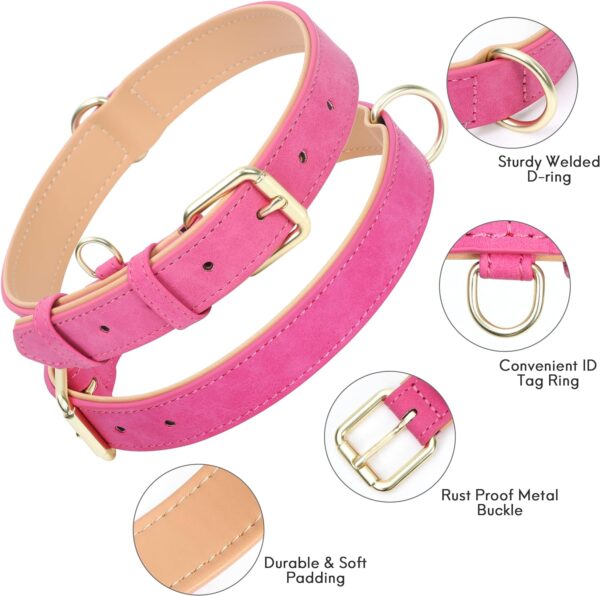 Leather Dog Collar for Small Medium Large Dogs, Soft Padded Dog Leather Collar with Heavy Duty Gold Buckle, Durable & Comfortable for Medium Dogs Daily Walking (Hot Pink, M) - Image 2