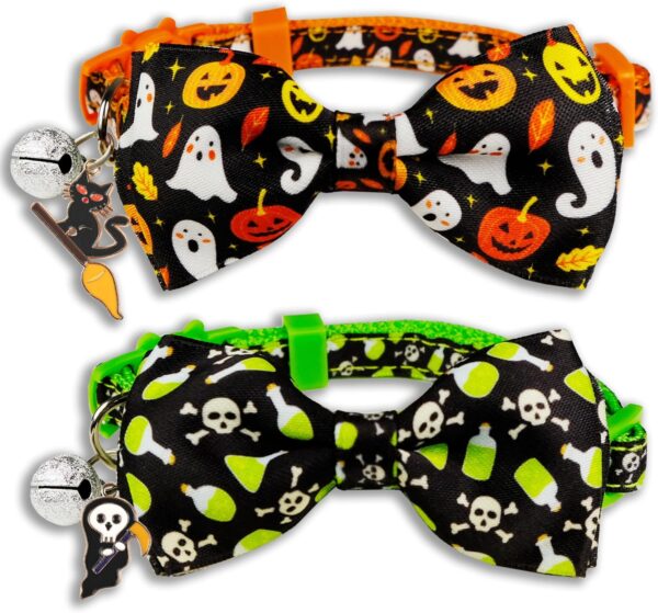 2 Pack Halloween Cat Bow tie Collar with Bell, Holiday Kitty Kitten Skull and White Ghost Patterns for Boys Girls Males Female Cats