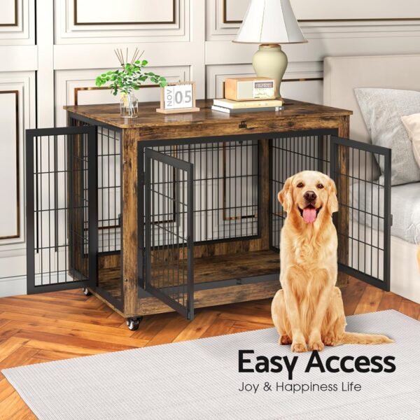 Dog Crate Furniture with Flip-Top, 38 Inch Double Doors Heavy Duty Dog Kennel Indoor with 360° Wheels End Table，Decorative Pet Cage Wooden Dog House for Large/Medium/Small Dog - Image 6