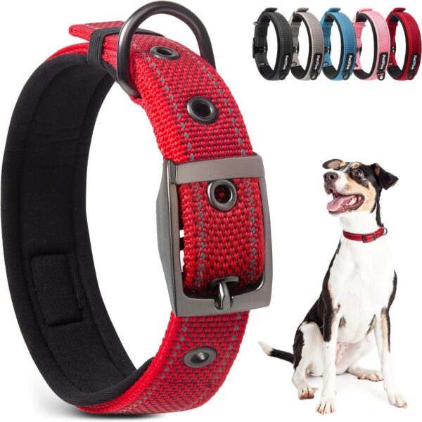 PetiFine Dog Collar with Metal Buckle, Heavy Duty Dog Collar with Soft Neoprene Padded, Adjustable Reflective Nylon Dog Collars for Small Medium Large Dogs(S, Red)