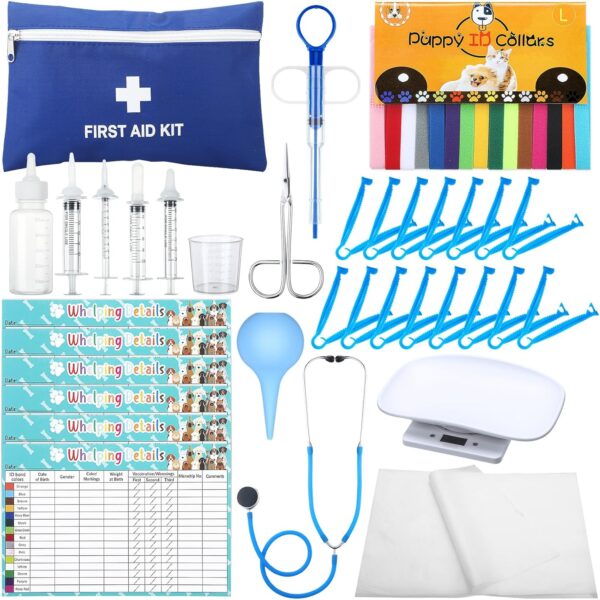 62 Pcs Puppy Kitten Whelping Kit Include 4 Puppy Feeding Tube, 6 Charts, 15 Whelping Collars 15 Cord Clamps 15 Pee Pads Bulb Aspirator Syringe Bottle Scissors Stethoscope Bag Digital Pet Scale