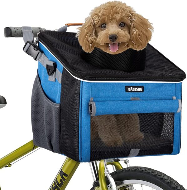 Dog Bike Basket, Soft-Sided Pet Bike Carrier with 4 Mesh Windows for Small Dog Cat Puppies - Blue