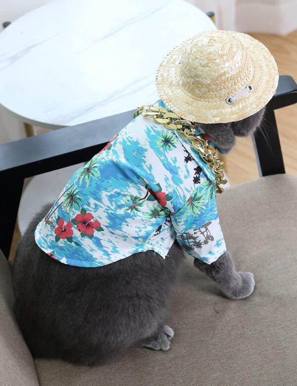 Hawaiian Dog T Shirts Pet Summer Clothes Cat Sunglasses Funny Straw Hat Kitten Costumes with Gold Chain Collar (Medium,Cyan-Blue) - Image 5