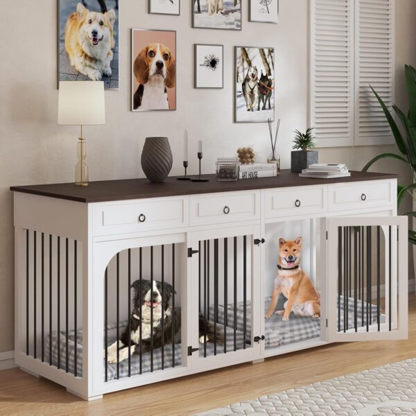 86.6" Extra Large Dog Crate Furniture for Large Breeds,XXXL Wooden Double Dog Crates Kennel Cage Furniture Style TV Stand Side End Table for 2 Dogs with Divider Locks and 4 Drawers,White