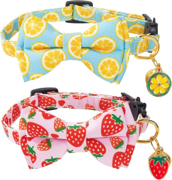 Breakaway Cat Collar with Cute Bow Tie Bell 2Pack Lemon Strawberry Cat Collar for Male Female Soft Cotton Kitty Kitten Collar Cute Cat Collar Ideal for Girl Cats Boy Male Cats