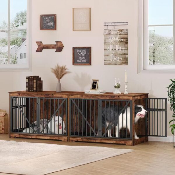 76.4" Dog Crate Furniture with Divider for 2 Dogs, Large Dog Kennel Indoor with Adjustable Door, Tray, Wood Dog Crate End Side Table for Small Medium Large Dog, Anti-Chew Anti-Escape, Brown