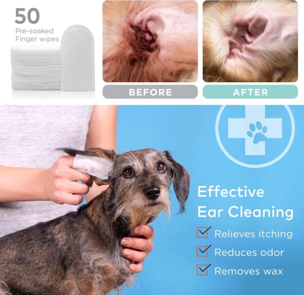 Dog Ear Cleaner Wipes - Cleanser for Dogs - Ear Itching, Dissolves Wax, Dirt & Odor with Coconut Oil & Aloe Vera (50 Finger Wipes) - Image 2