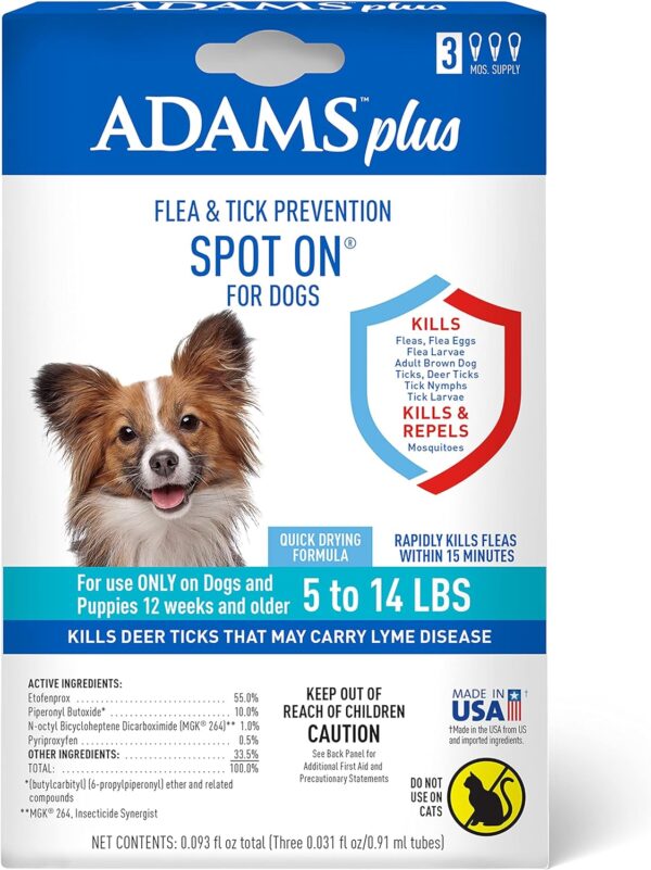 Adams Plus Flea & Tick Prevention Spot On for Dogs 5-14 Pounds, 3-Month Supply, Kills Fleas, Flea Eggs, Flea Larvae, Brown Dog & Deer Ticks, Kills and Repels Mosquitoes For 30 Days, Central Brands