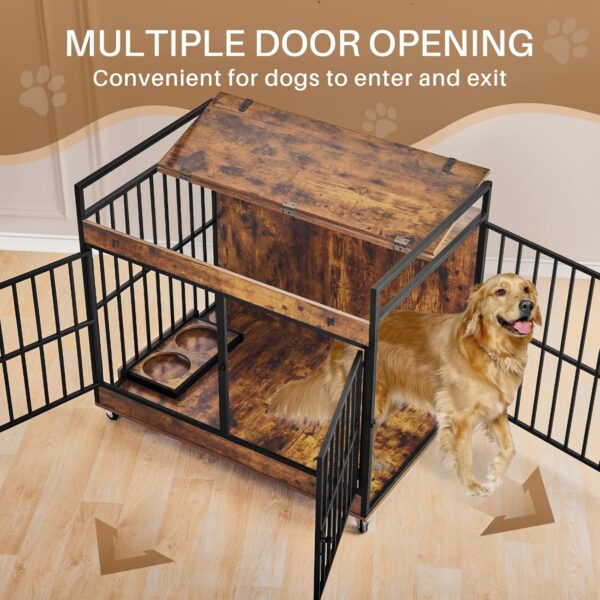 Extra Large Dog Crate Furniture, Dog Crates Furniture for Medium/Large Dogs Indoor, Heavy Duty Dog House with Wheels, Feeder Bowls & Flip Top, Large Dog Crate 43.7" L x 29.9" W x 37.8" H - Image 3