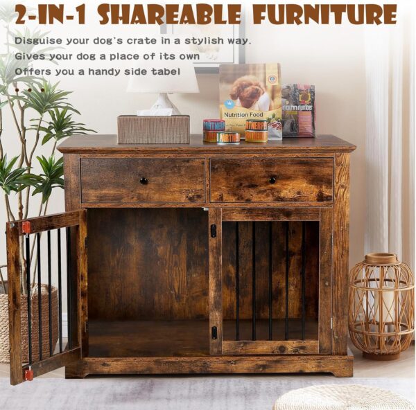 LEMBERI 44 Inch Large Dog Crate Furniture, Wooden Dog Kennel End Table with Storage Drawers, Decorative Pet Crates Dog House Indoor for Dogs - Image 2