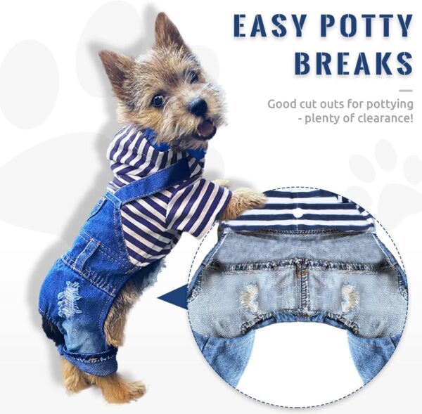 Small Dog Hoodie Clothes Cute Stripe Shirts Denim Jumpsuit One-Piece Outfit for Small Medium Dogs Cats Boy Girl Chihuahua Blue Jeans Overalls Puppy Costume (Blue,XS) - Image 2