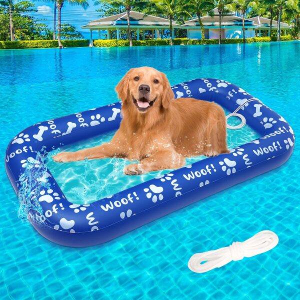 QUUREN Dog Pool Float Inflatable Dog Floats for Pool Portable Dog Floaties with 78” Tow Rope Swimming Pool Pet Dog Floating Mat Dog Pool Rafts for Small, Medium, Large Dog, Kids and Adults