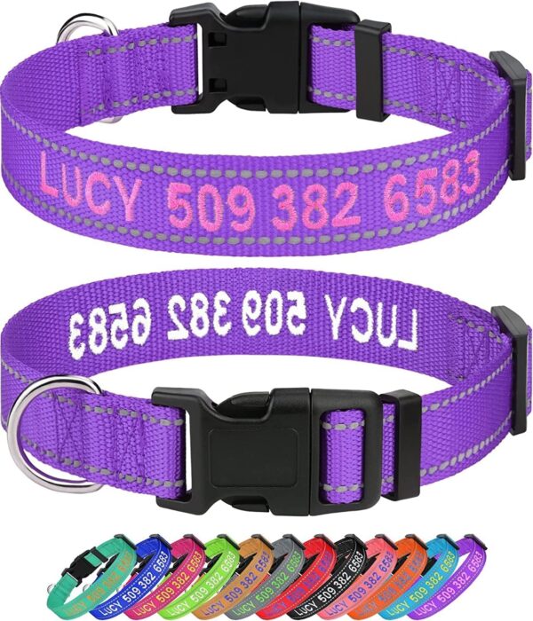 Taglory Personalized Dog Collars, Embroidered Reflective Dog Collar with Name and Phone Number, Adjustable Nylon Dog Collar for Medium Dogs, Purple