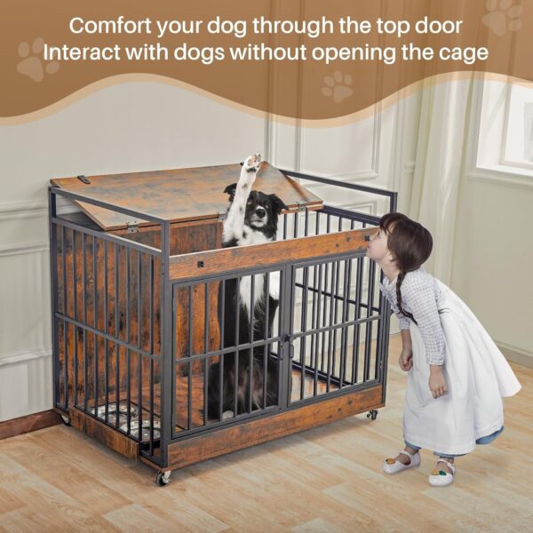 Extra Large Dog Crate Furniture, Dog Crates Furniture for Medium/Large Dogs Indoor, Heavy Duty Dog House with Wheels, Feeder Bowls & Flip Top, Large Dog Crate 43.7" L x 29.9" W x 37.8" H - Image 4