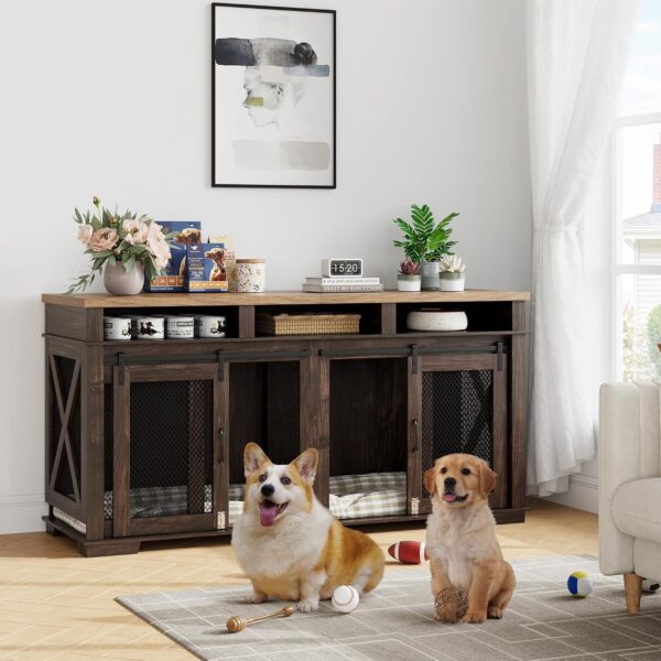 71" Extra Large Dog Crate Furniture,Wooden Double Dog Crates Kennel Cage,Furniture Style TV Stand Side End Table for 2 Dogs with Removable Divider for Large Dogs,Dark Walnut/Light - Image 2