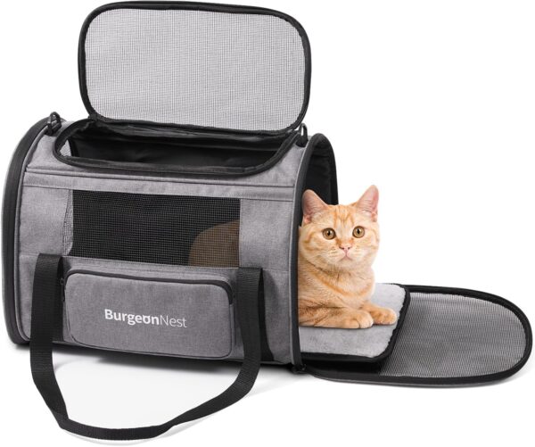 BurgeonNest Cat Carriers for Small Cats Under 15, Medium Cats Under 25 lbs Large Cats 20 lbs Soft Sided Pet Carrier with Unique Side Bag (Medium, Grey)