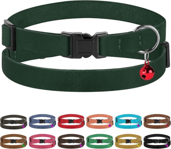 Breakaway Cat Collar Leather Soft Adjustable Pet Kitten Collars with Bell Pink Brown Blue Green Red (Emerald) - Image 4