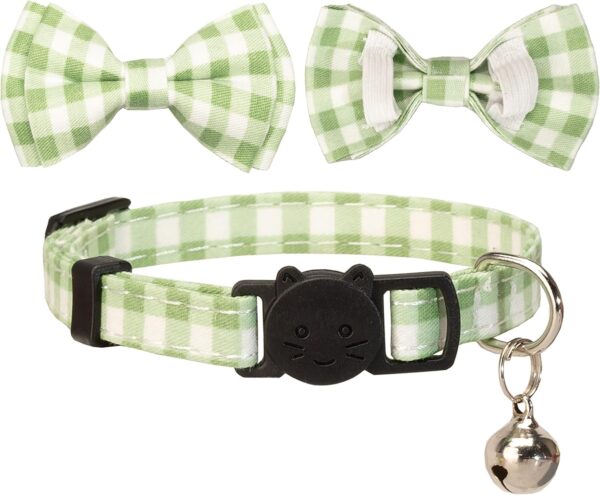 Cat Collar with Bell Girl Boy Kitten Bow Tie Safety Breakaway Plaid Solid Color Gift Set Spring Pink Cute [2pcs] Green - Image 5