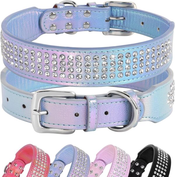 Beirui Bling Rhinestone Dog Collar with Diamonds Studded - Colorful PU Leather Padded Dog Collar 1.5 Inch Wide - Heavy Duty Bedazzled Dog Collar for Medium Large Dogs,19-24",Blue