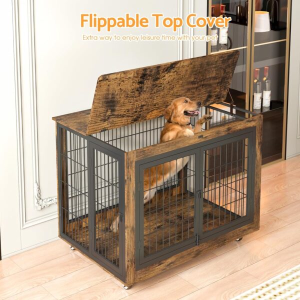 Dog Crate Furniture with Flip-Top, 38 Inch Double Doors Heavy Duty Dog Kennel Indoor with 360° Wheels End Table，Decorative Pet Cage Wooden Dog House for Large/Medium/Small Dog - Image 12