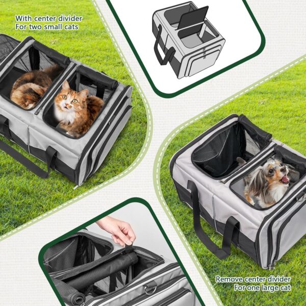 Cat Travel Carrier with Litter Boxes for 2 Cats, Double-Compartment Soft Pet Carrier, Expandable Portable Cat Carrier for Car Travel, up to 35 lb Road Trip, Camping, Hiking, Grey - Image 4