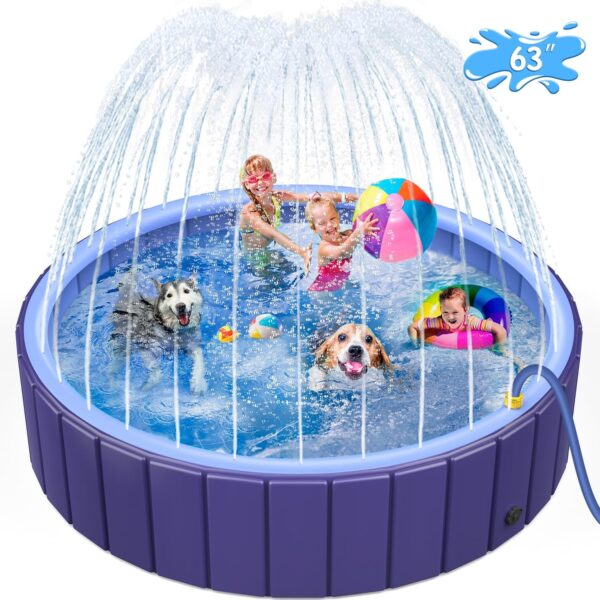 Dog Pool for Large Dogs 63" XL, Foldable Kiddie Pool Heavy Duty, Collapsible Doggie Swiming Pools, Large Splash Sprinkler Pool for Outside Backyard, Non-Slip Pet Bath Tub for Dogs Cats Kids