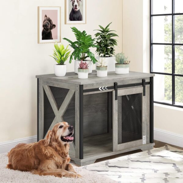 Furniture Style Dog Crate End Table with Sliding Barn Door, Indoor Dog Kennel Furniture with Removable Divider, Flip Top Dog Crate Table, Dog House,Dog Crate Furniture, Grey - Image 3