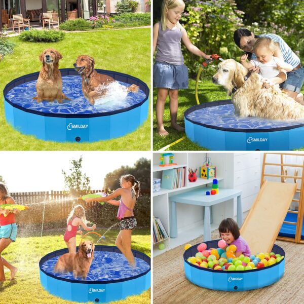 Dog Pool, SmilDay Foldable Portable Swimming Pool, Hard Plastic Bathing Tub for Pets Dogs and Cats, Slip-Resistant Kiddie Pool for Backyard (Blue 63''D× 12''H) - Image 7