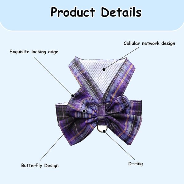 Plaid Dog Dress Bow Tie Harness Leash Set,Dog Clothes Harness Dress with Leash Ring for Small Dogs Girl, Puppy Princess Rabbit Clothes Chihuahua Yorkies Pet Outfits (Purple, Small) - Image 3