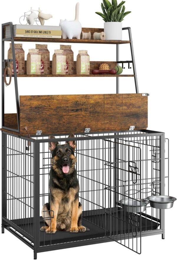 Furniture Style Dog Crate, Indoor Basic Dog Cage with 3-Layer Storage Shelves, Flip-up Top End Table Dog Cage, Dog Kennel Furniture with Adjustable Bowls, 37.4" L x 24.4" W x 57.1" H,Brown - Image 8