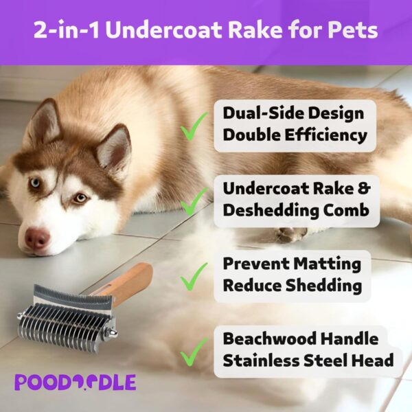 2 in 1 Undercoat Rake for Dogs & Cats, Shedding & Dematting Comb for Home Grooming, Efficiently Remove Loose Hair & Matted Fur, Perfect for Poodles, Doodles & All Long Haired Pets