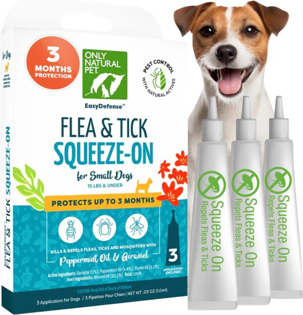 Only Natural Pet Flea and Tick Prevention for Small Breed Dogs (up to 15 lbs) - EasyDefense Flea Remedy - Natural Flea Control Herbal Squeeze-On Drops - Three Month Supply (Single)