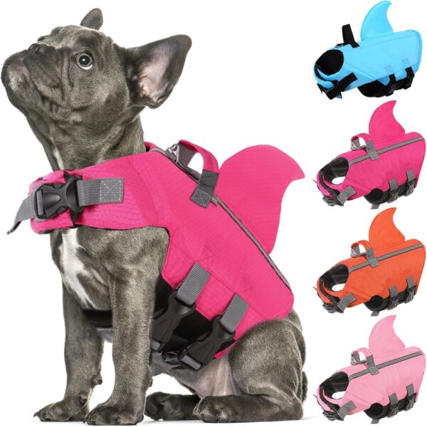 SUNFURA Dog Shark Life Jacket, Adjustable Dog Life Vests for Swimming, Ripstop Dog Lifesaver Puppy Life Jackets with High Flotation, Pet Life Preserver Swimsuits for Small Medium Dogs, HotPink S