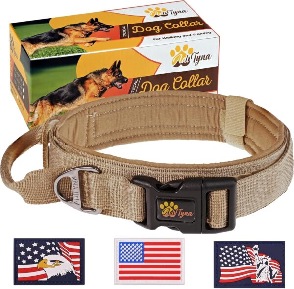 ADITYNA - Tactical Dog Collar for Extra-Large Dogs - Soft Padded, Heavy Duty, Adjustable Big Dog Collar with Handle for Training and Walking (Extra-Large: Fit 21-25" Neck, Brown)