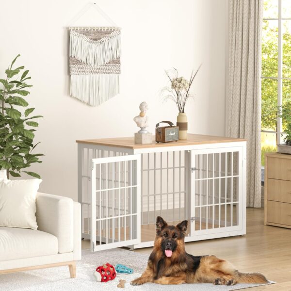 Rustic Heavy Duty Dog Crate Furniture for Extra Large Dogs, Decorative Pet House End Table, Wooden Cage Kennel Furniture Indoor, XL, White and Natural - Image 2