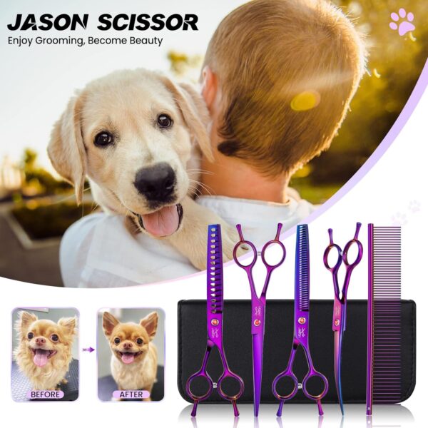 JASON Dog Grooming Scissors Kit, Professional 6 in 1 Dog Scissors Sharp Shears Set - Straight, Thinning, Chunker, Curved Shears and Comb for Long Short Hair for Dog Cat Pet - Image 2