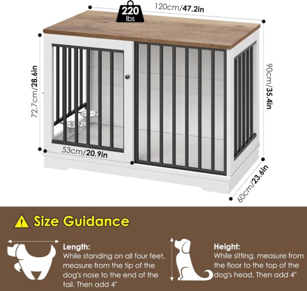 Dog Crate Furniture 47" Large Dog Kennel for Dogs Indoor, Heavy Duty Dog Cage with Sliding Door and 2 SUS Bowls Wooden End Table in Living Room for Small Medium Large Dogs, White - Image 7