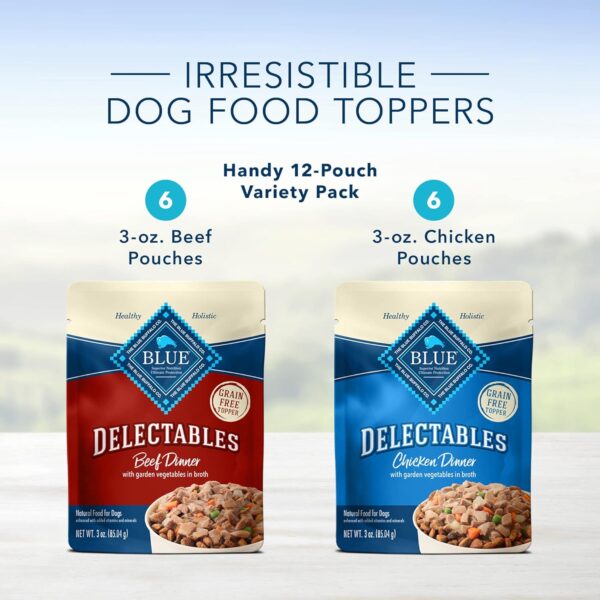 Blue Buffalo Delectables Natural Wet Dog Food Toppers Variety Pack, Tasty Chicken & Hearty Beef, Cuts in Gravy, 3-oz. (12 Pouches, 6 of Each Flavor) - Image 4