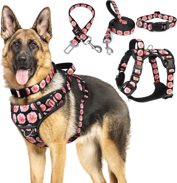 WINSEE 4 in 1 Dog Harness with Leash Set, Pet Harness No Pull for Large Dog with Collar and Safety Belt, Double Sided Reflective Strip, Adjustable Dog Car Harness with Soft Padded Handle ROSE