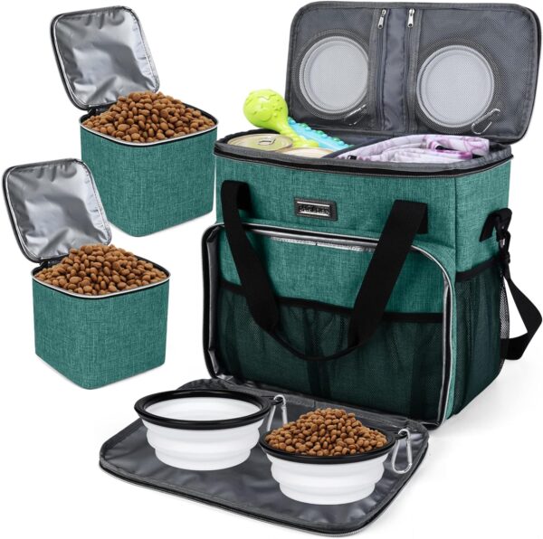 BAGLHER Dog Travel Bag, Pet Travel Bag (All Pet Travel Supplies), with 2 Pet Food Containers and 3 Collapsible Silicone Bowls; Essential Kits for Pet Travel Green