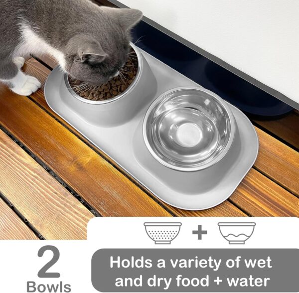 Ptlom Dog Cat Basic Food and Water Bowl Set, 2 Removable Stainless Steel Feeding Bowls with Non-Slip Leak-Proof Plastic Stand Suitable for Small and Medium Pet Puppy Feeder Tableware Supplies, Grey - Image 3