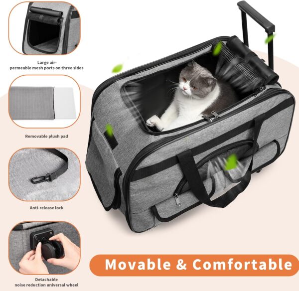 Large Rolling Cat Carrier with on Wheels, Small Dog Pet Car Travel Carrier Collapsible Bag with Rollers Wheels, Carrier for Cats Up to 35 LBS/Dog Puppy Under 16 LBS (Large Size, Not for Airplane) (L1) - Image 2