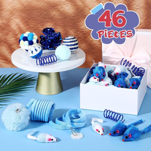 46 Pcs Cat Toys Set Interactive Cat Toys Include Fur Mice Rattle Cat Springs Crinkle Balls Pompom Bell Sisal Ball Puzzle Chase Toys Assorted for Gift Indoor Kitten(Blue) - Image 3