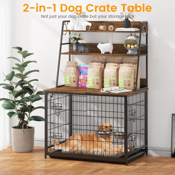 Furniture Style Dog Crate, Indoor Basic Dog Cage with 3-Layer Storage Shelves, Flip-up Top End Table Dog Cage, Dog Kennel Furniture with Adjustable Bowls, 37.4" L x 24.4" W x 57.1" H,Brown - Image 3