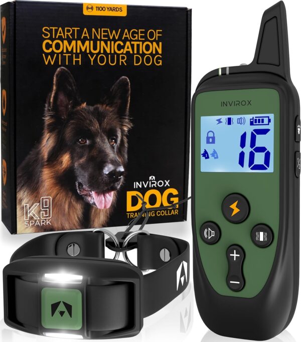 INVIROX Shock Collar for Large Dog [Spark K9] 124 Levels with Remote 1100yd Range, Night-Light Mode for Medium Dogs IP67 Waterproof Training Collar for Dogs