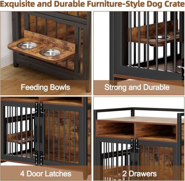 Large Dog Crate Furniture, 41inch Furniture Dog Crate with Drawers Storage, 360°and Adjustable Raised Feeder, Wooden Dog Crate for Large/Medium Dog Indoor brown 41inch - Image 3