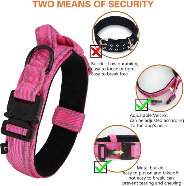 KCUCOP Tactical Dog Collar with Handle,Adjustable Military Dog Collar with Metal Buckle and Patches,Heavy Duty Dog Collars for Medium and Large Dogs (Pink-L-Reflective) - Image 6